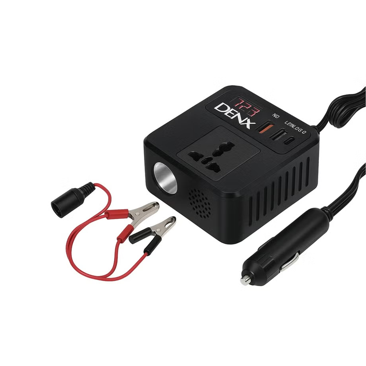 محول طاقة للسيارة بقوة 100 واط محول شاحن بثلاثة منافذ يو اس بي مع مفتاح وشاشة عرض ليد للتيار الكهربائي - أسود