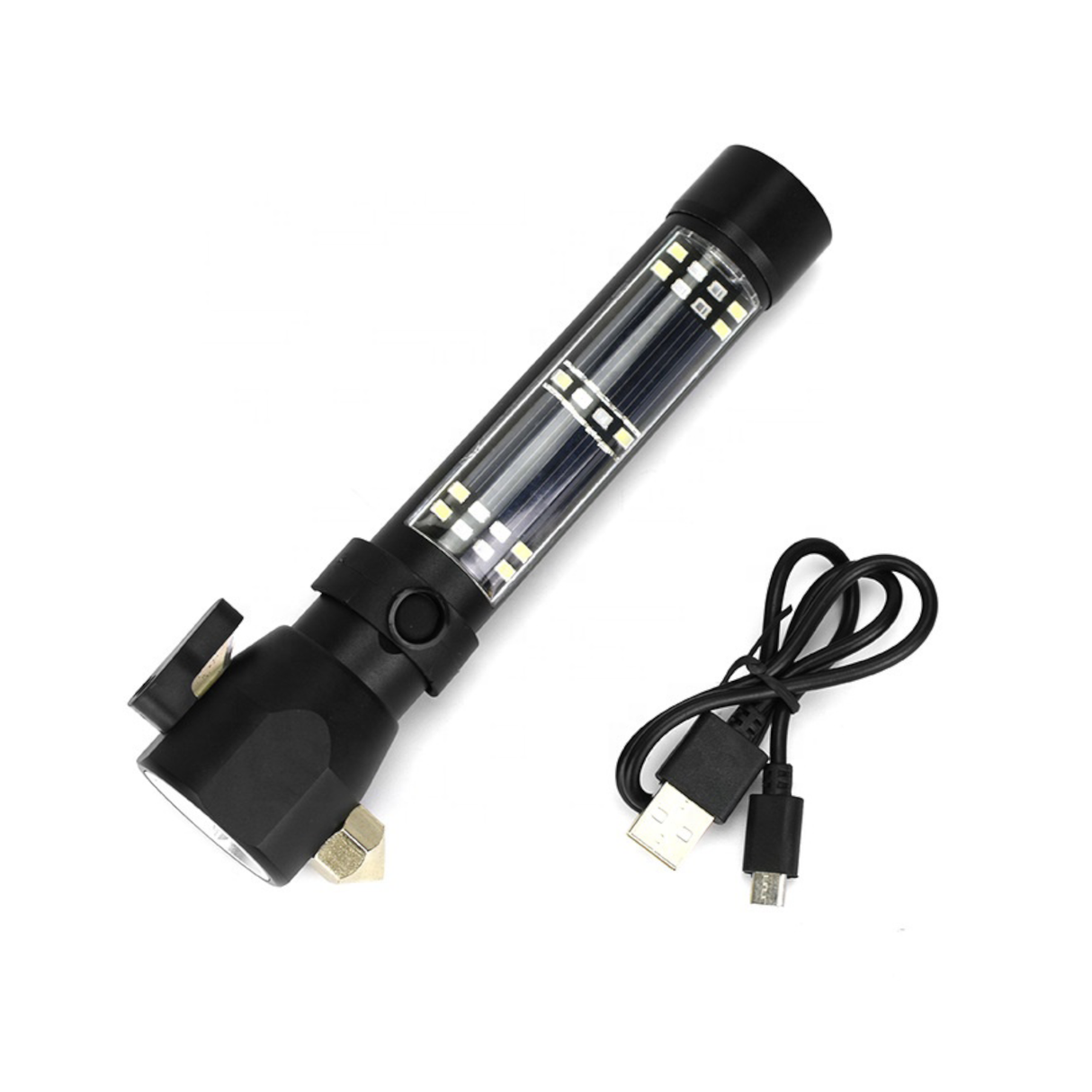 مصباح يدوي تكتيكي متعدد الوظائف يعمل بالطاقة الشمسية للطوارئ بتصميم مقاوم للماء، مزود برأس مطرقة من سبائك معدنية، وقاطع وبوصلة