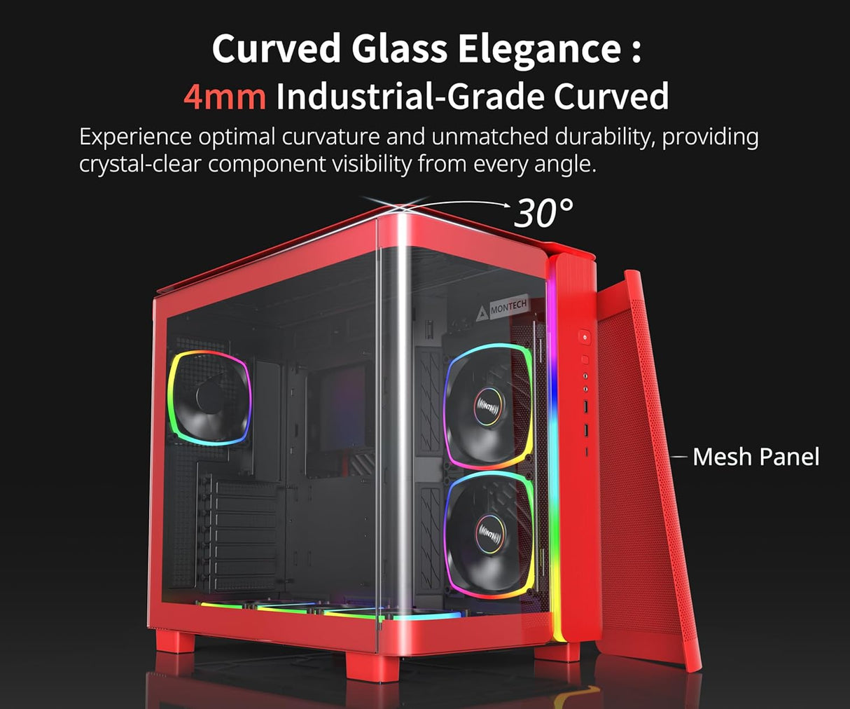 Montech KING 95 Pro Curved Tempered Glass ATX Mid-Tower Gaming PC Case - Red (6 ARGB Fans Included)
