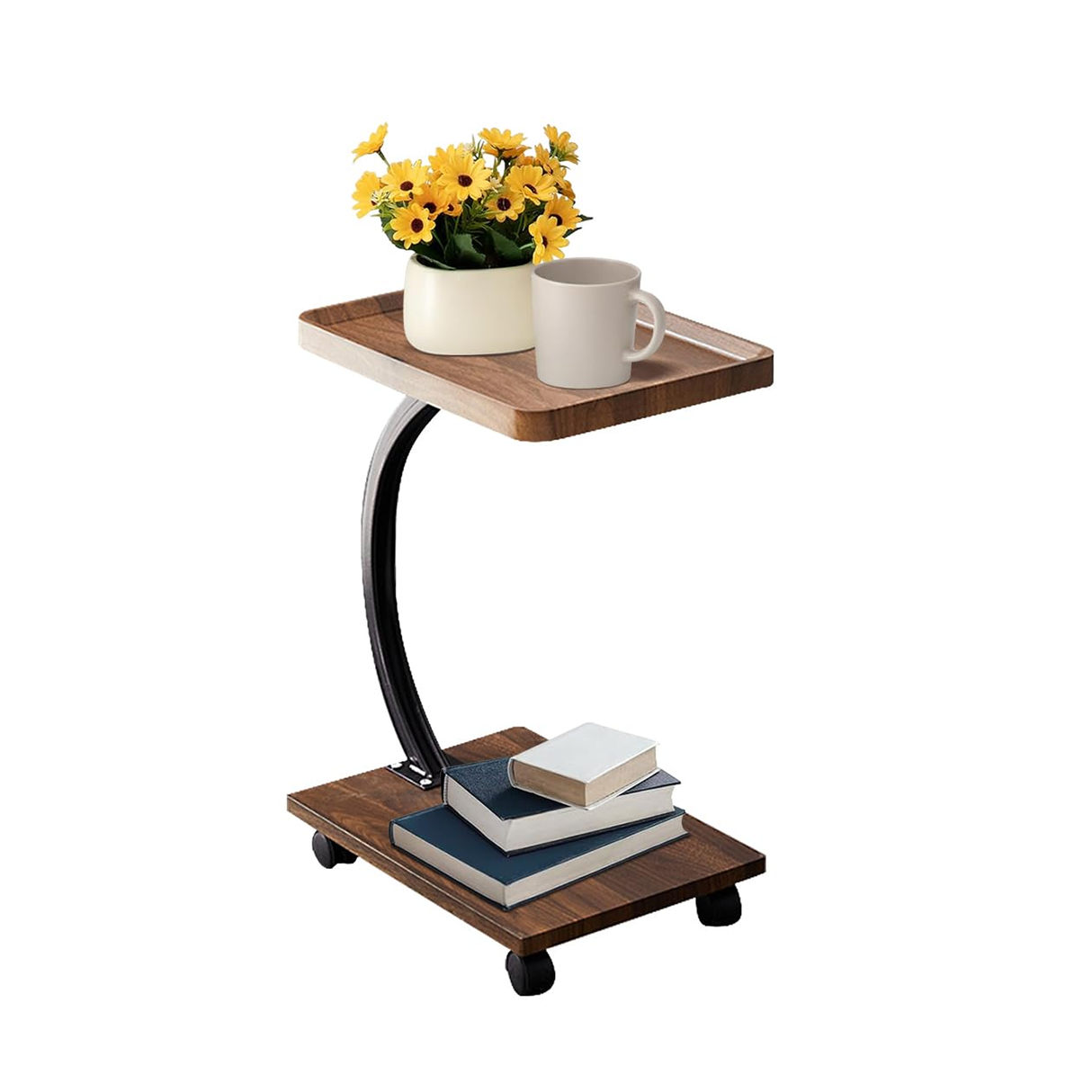 2-Tier End Table - Solid Wood C-Shaped Side Table