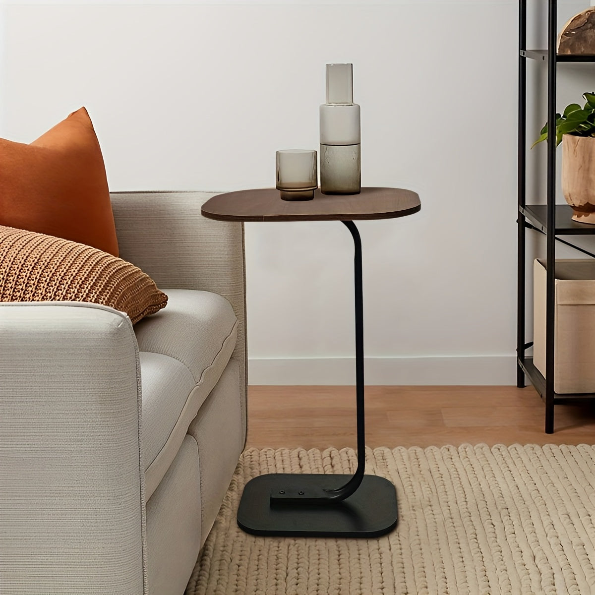 Modern C-Shaped Side Table Coffee Table with Wooden Top, & Metal Base - 28 × 38 × 58 cm - Space-Saving Sofa & Bedside Table - 28 × 38 × 58 cm - Brown