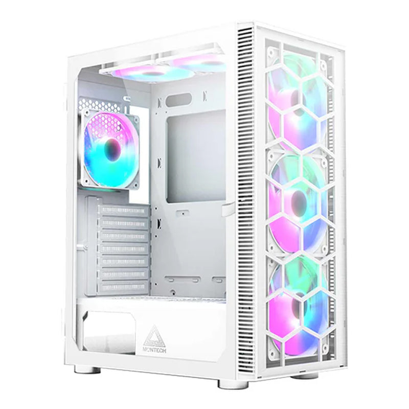 Montech X3 Glass ATX Mid Tower Gaming PC Case - White (6 ARGB Fans Included)