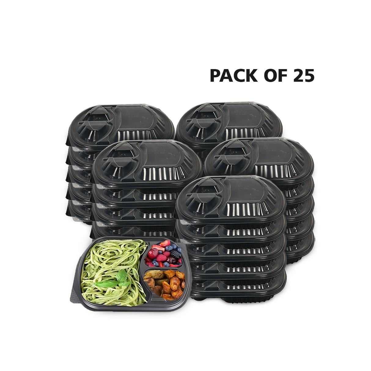 3-Compartment Disposable Plastic Food Container Box - 1000ml - 23.5 x 21 x 5.5 cm pack of 25