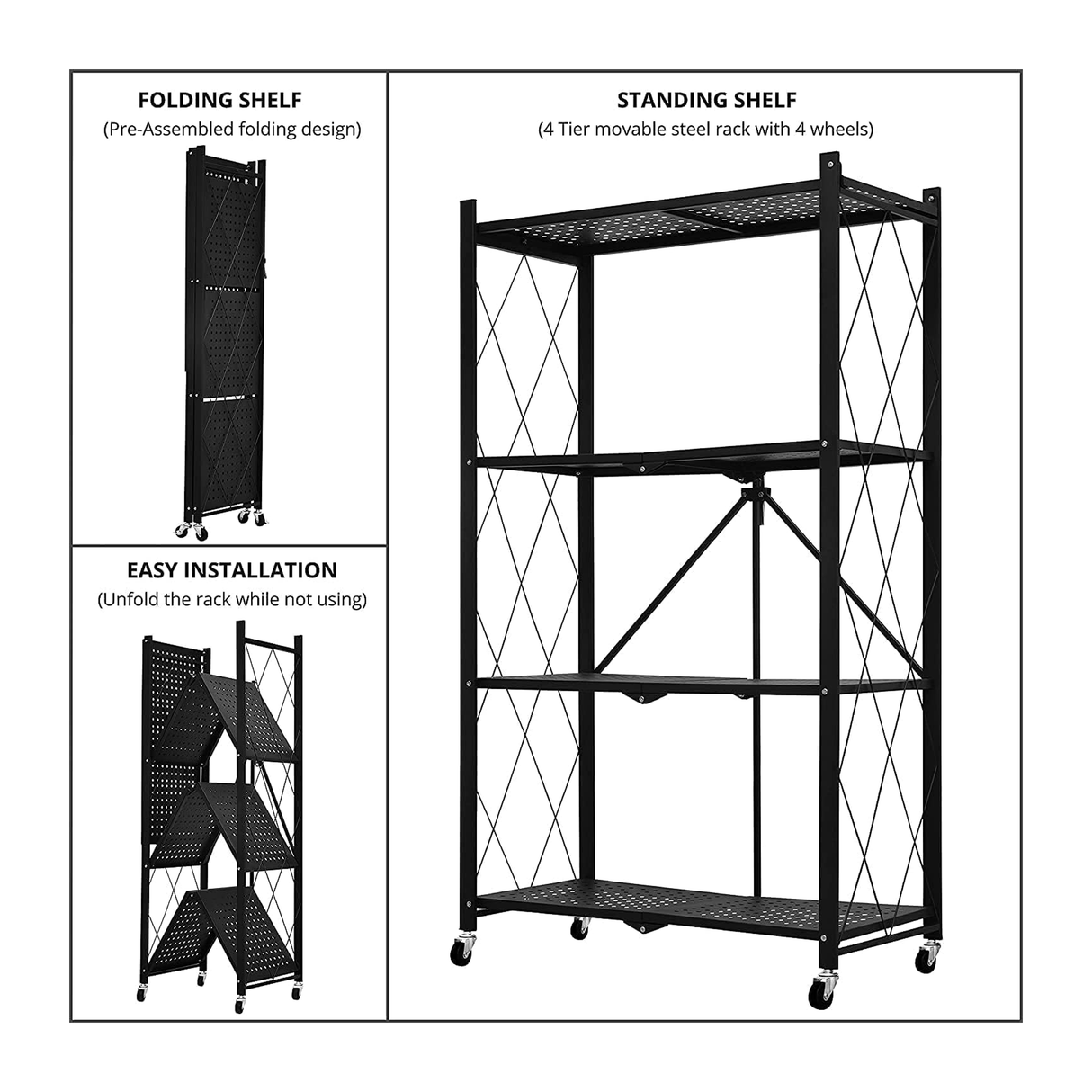 4-Tier Multipurpose Foldable Kitchen Storage Rack with Wheels - Black