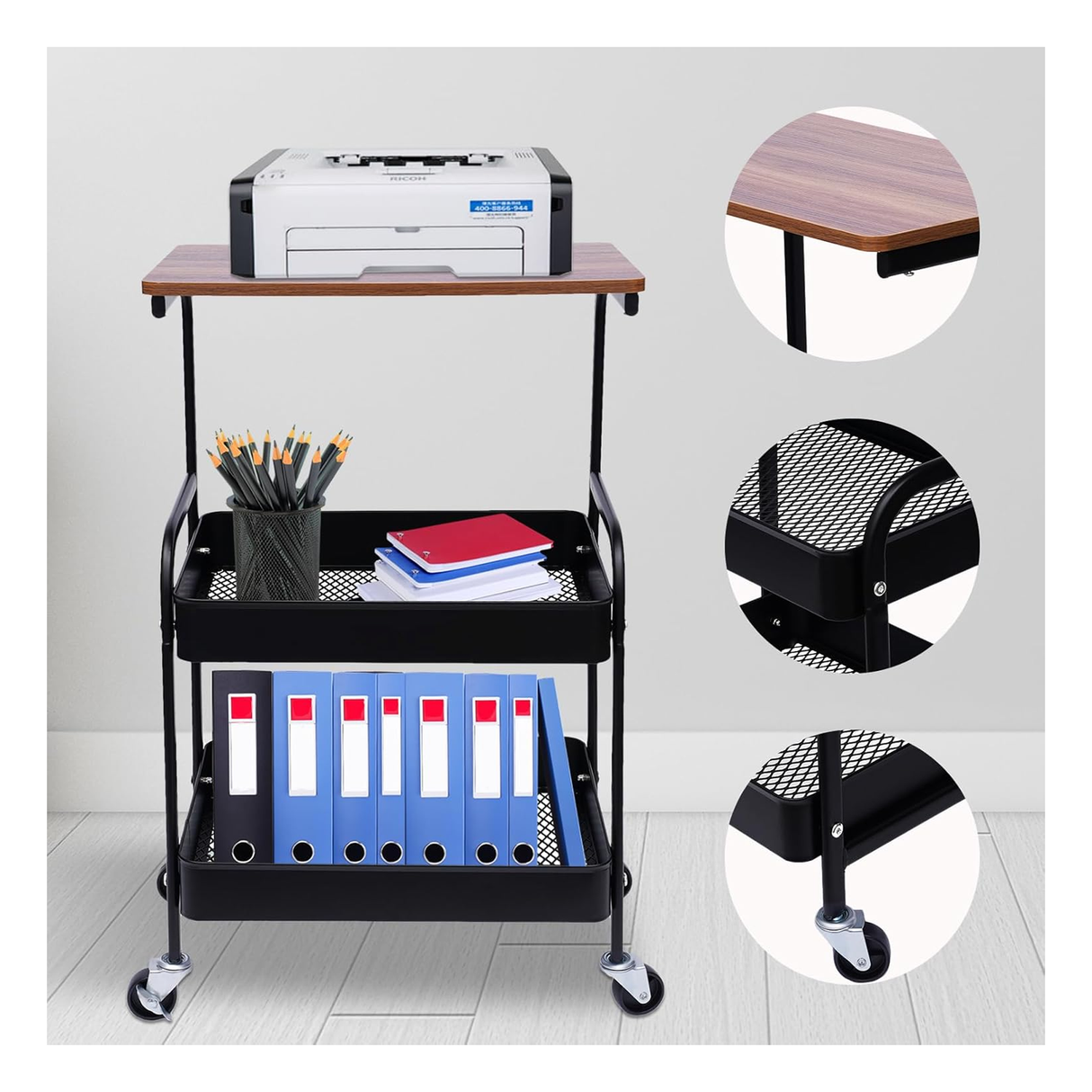 3 Tier Rolling Cart with Tabletop - Black