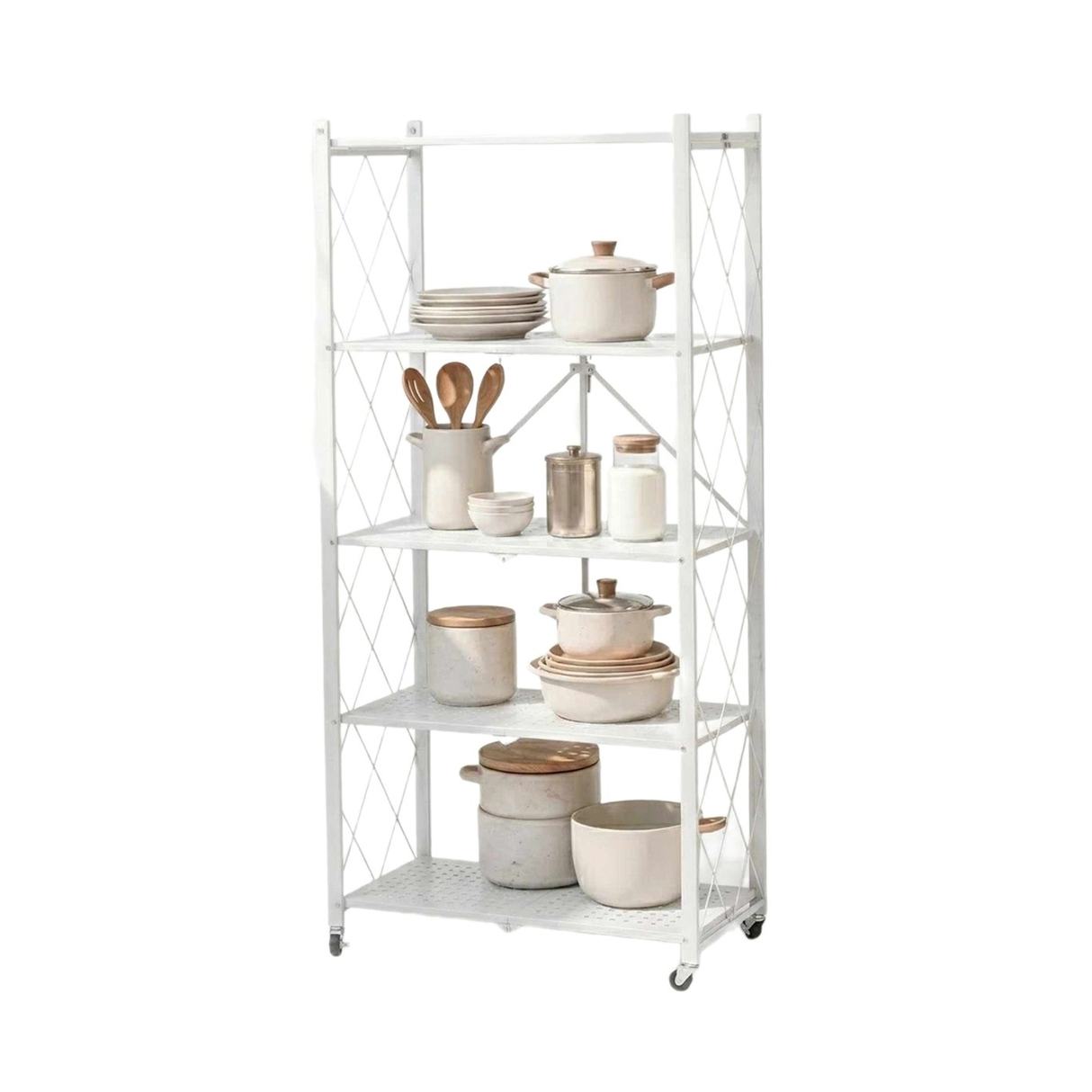 5-Tier Multipurpose Foldable Kitchen Storage Rack with Wheels - White