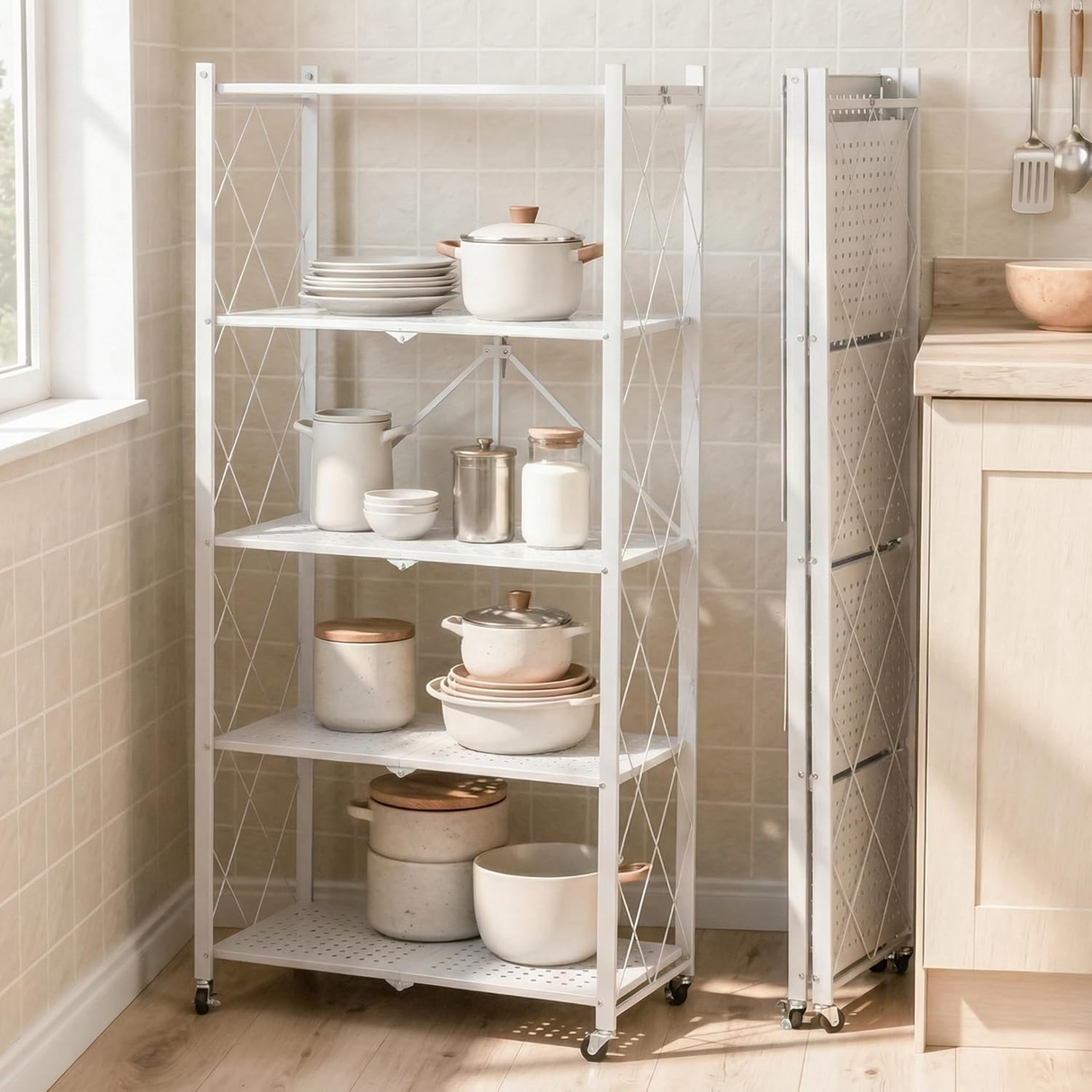 5-Tier Multipurpose Foldable Kitchen Storage Rack with Wheels - White