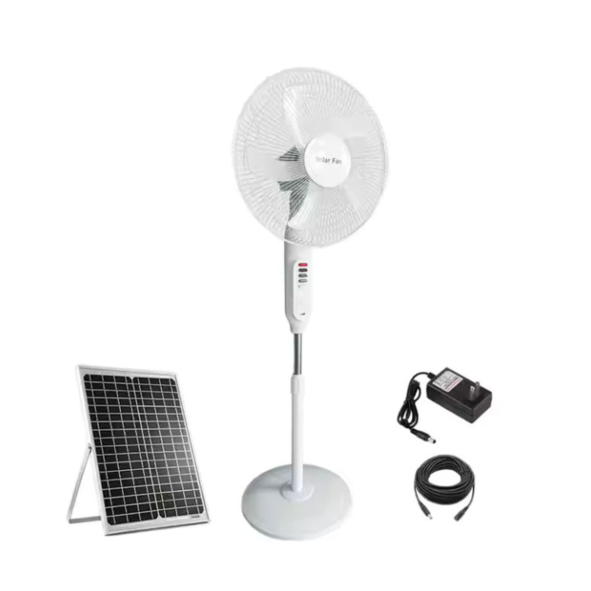 3-in-1 Rechargeable Solar Standing Fan – 16 Inch | Adjustable Height, LED Light, Speed Control & USB Charging Port