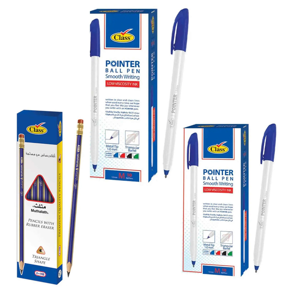 Class Triangle Pencil With Eraser (10 pcs) +Class Blue Ball Pen (10pcs)+Class Eraser 8 Pcs small