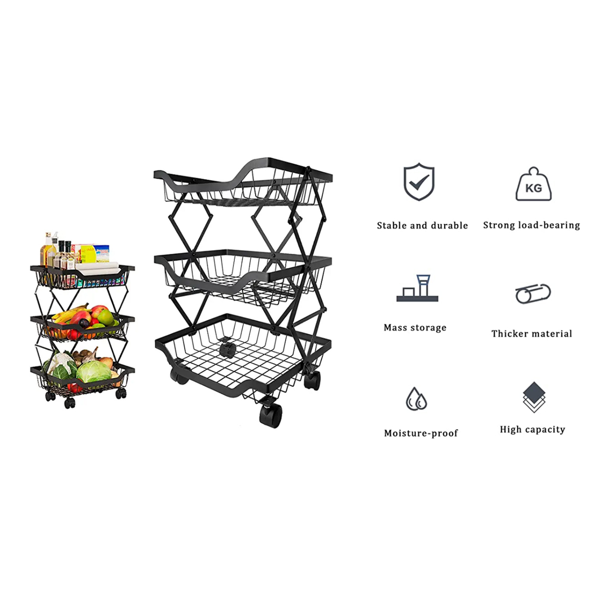 3 Layer Adjustable Foldable Movable Storage Rack for Kitchen Use