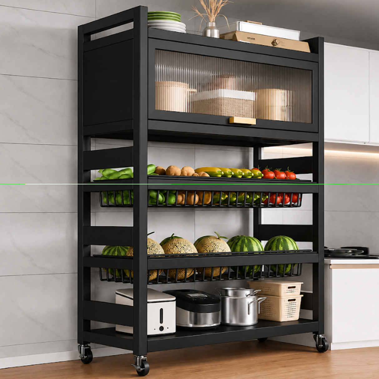 3 Layer+ Cabinet Multifunctional Kitchen Storage Shelf Rack with Detachable Mesh Baskets & Universal Wheels - 125 x 80 x 32 CM