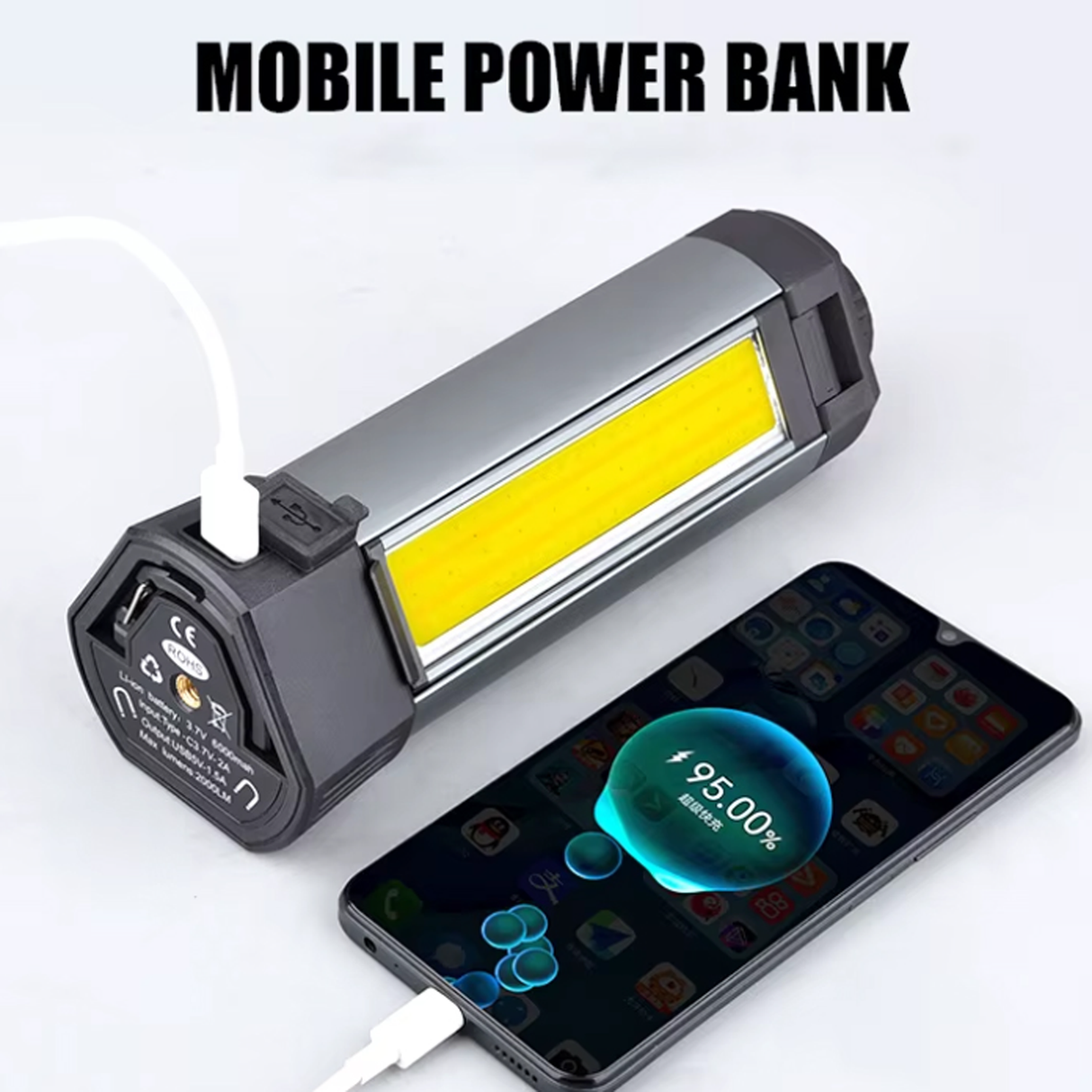 مصباح عمل وتخييم ليد قابل للشحن بثلاث شفرات بإضاءة 2000 لومن مع باور بانك وحامل ثلاثي وتصميم مقاوم للماء للأنشطة الخارجية – بطارية 4000 مللي أمبير