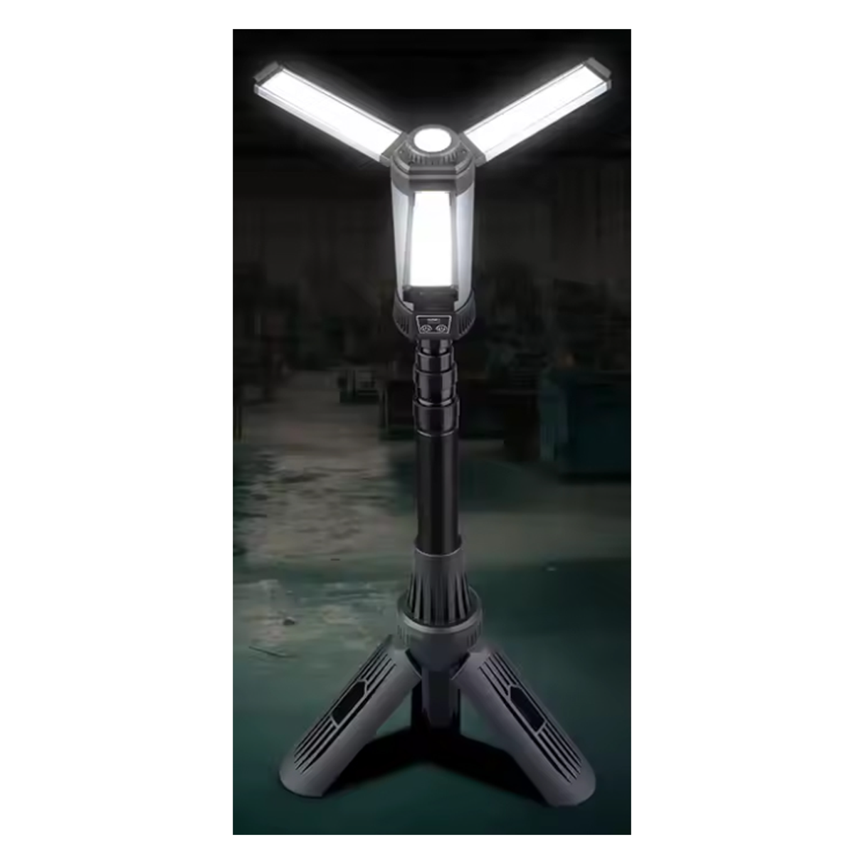 مصباح عمل وتخييم ليد قابل للشحن بثلاث شفرات بإضاءة 2000 لومن مع باور بانك وحامل ثلاثي وتصميم مقاوم للماء للأنشطة الخارجية – بطارية 4000 مللي أمبير