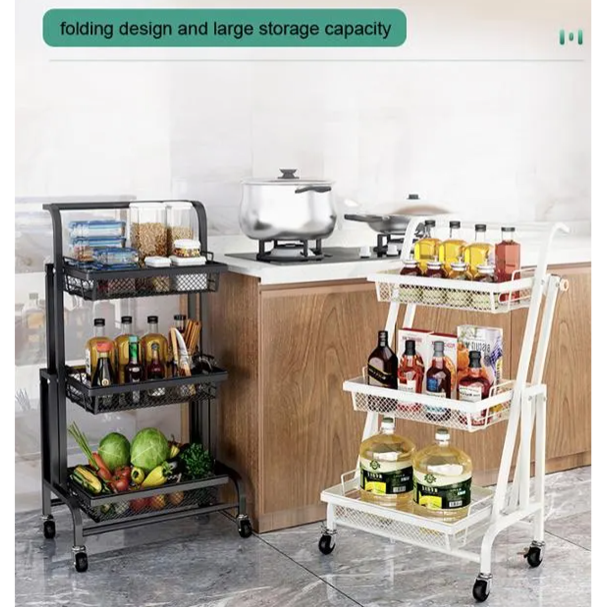 عربة تنظيم أدوات المطبخ المعدنية القابلة للتعديل والطي بثلاث طبقات مع عجلات - أبيض