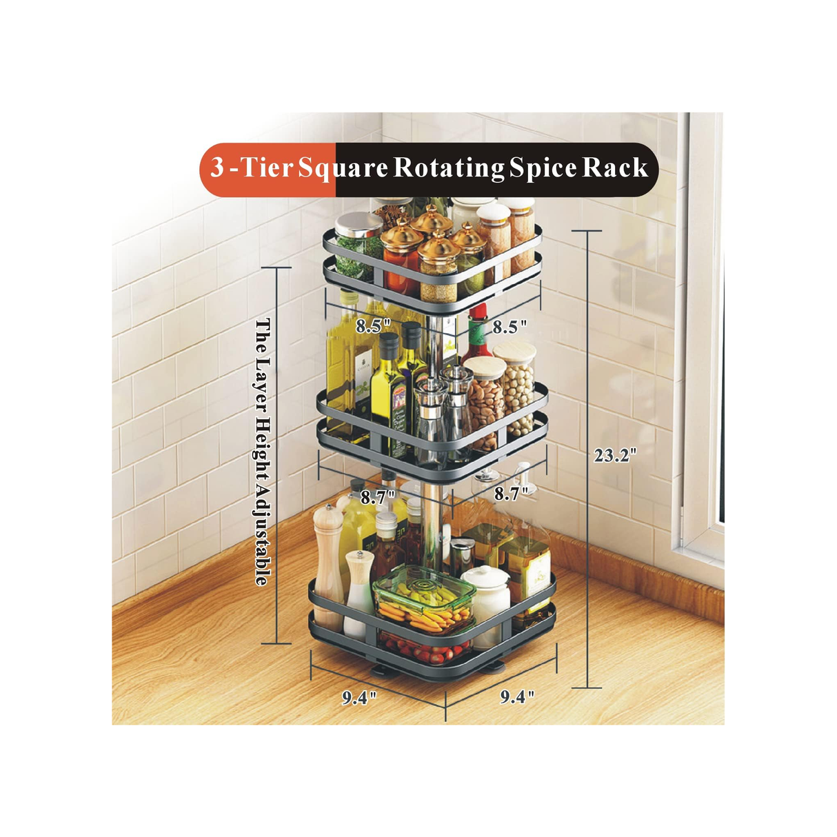 3 Tier Rotating Spice Rack,Height-Adjustable Spice Shelf