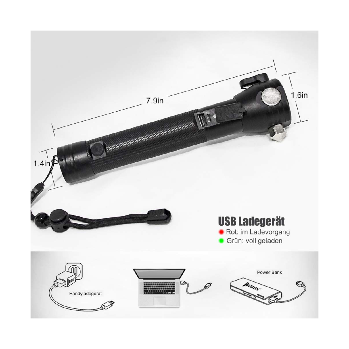 مصباح يدوي تكتيكي متعدد الوظائف يعمل بالطاقة الشمسية للطوارئ بتصميم مقاوم للماء، مزود برأس مطرقة من سبائك معدنية، وقاطع وبوصلة