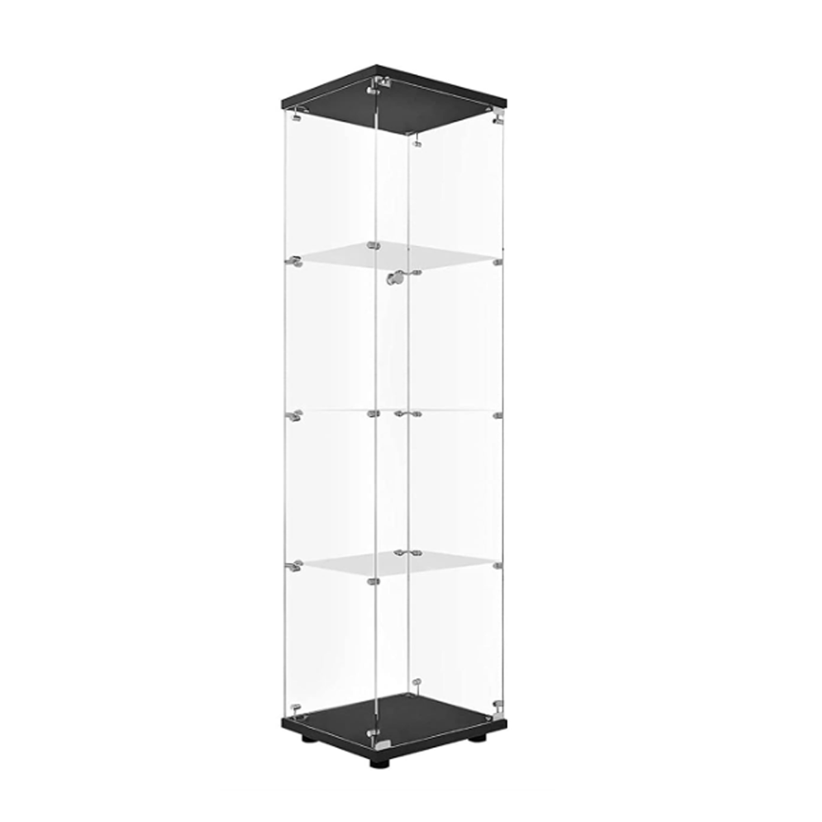 خزانة عرض زجاجية من 4 طبقات - خزانة عرض زجاجية مقسّى قابلة للقفل بقاعدة وغطاء باللون الأسود