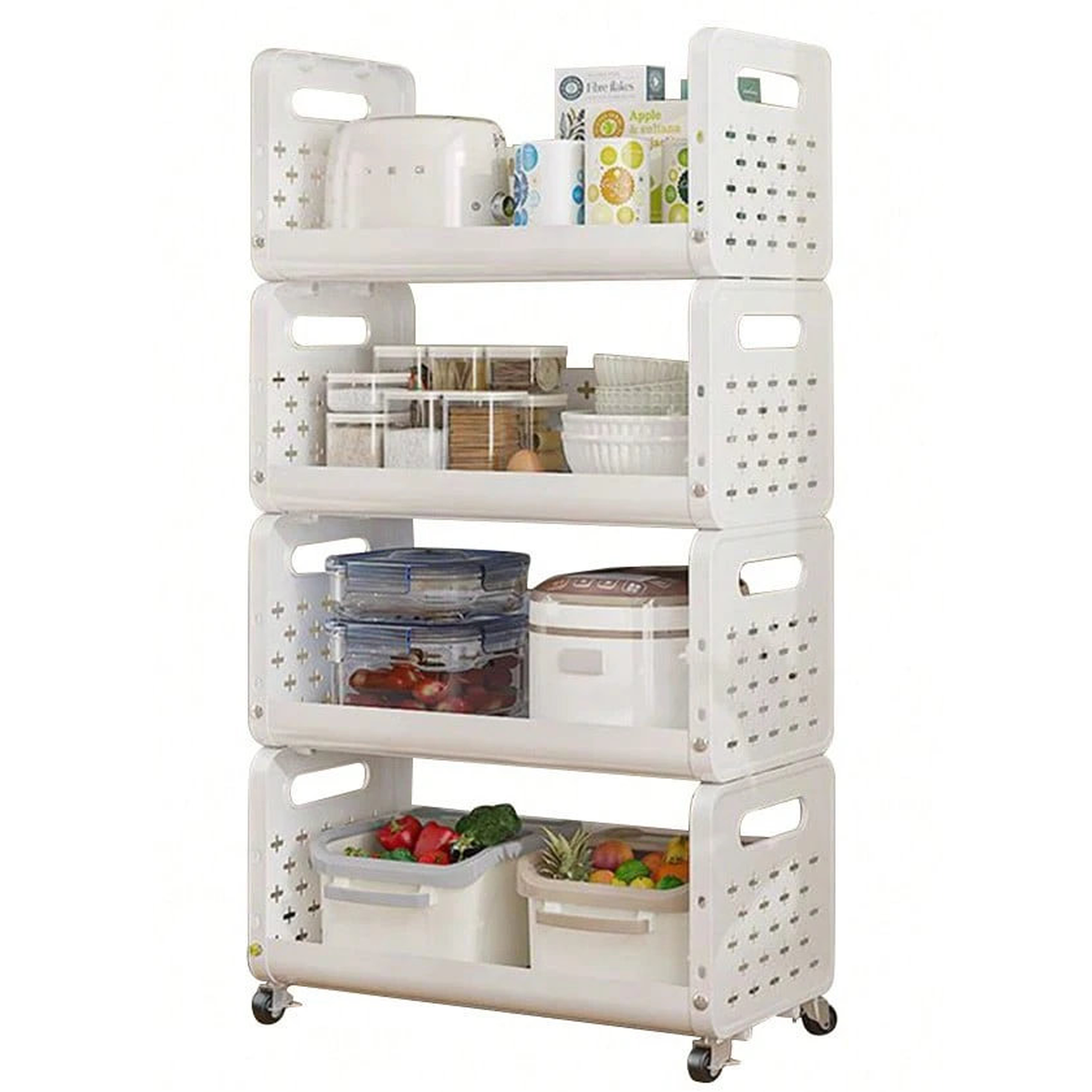 رف تخزين متعدد الاستخدامات بعجلات، اربع طبقات، للأطعمة، الخضروات، الوجبات الخفيفة، أدوات التجميل، ولوازم الحمام – ابيض