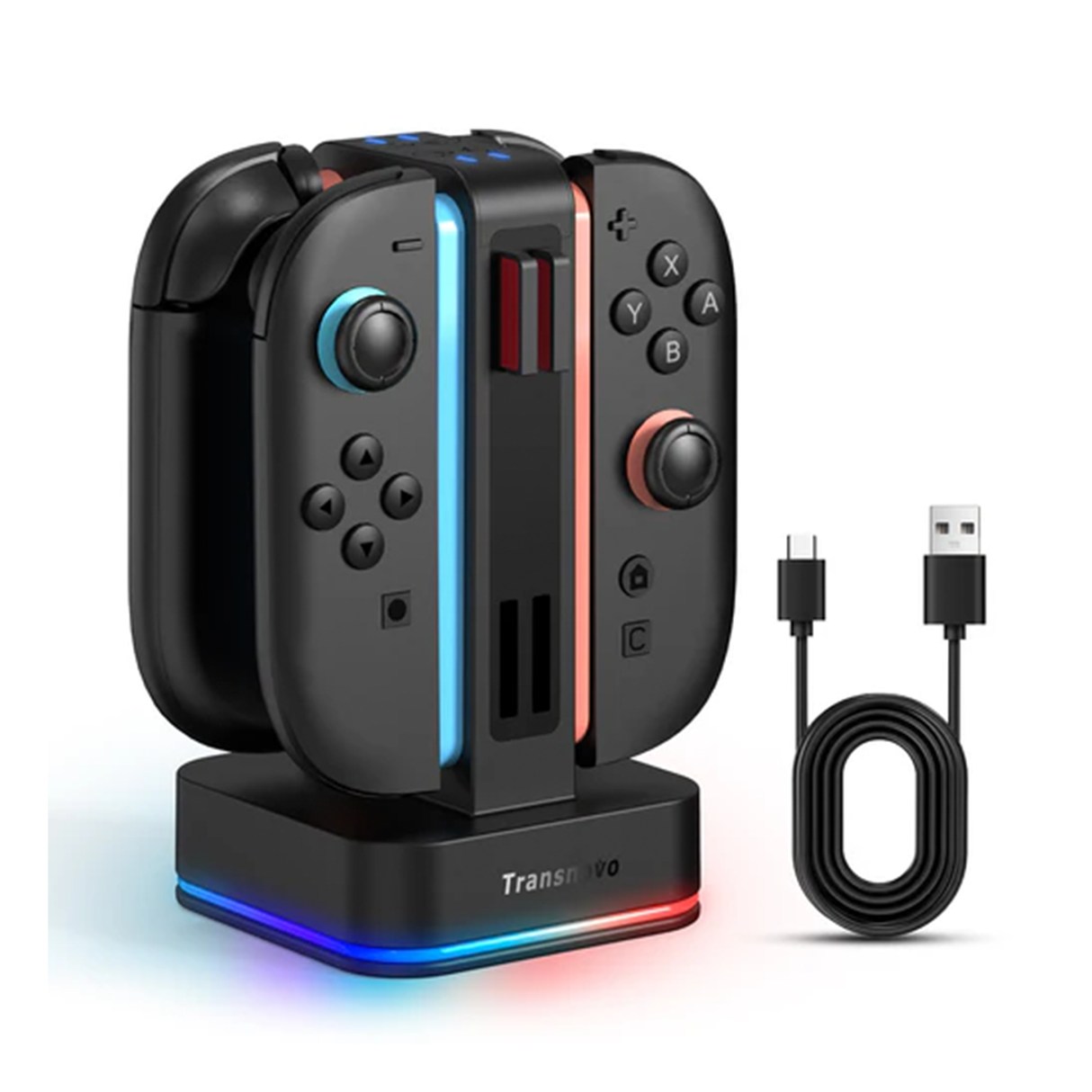 ترانسنوفو قاعدة شحن مربعة RGB 4 في 1 لوحدات تحكم نينتندو سويتش جوي كون مع 8 فتحات لبطاقات الألعاب