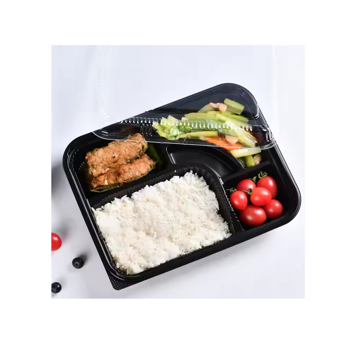 5-Compartment Disposable Plastic Food Container with Lid - 26.5 x 20.5 x 5 cm pack of 25