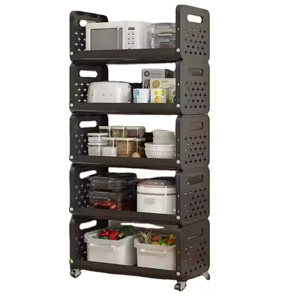 رف تخزين متعدد الاستخدامات بعجلات، 5 طبقات، للأطعمة، الخضروات، الوجبات الخفيفة، أدوات التجميل، ولوازم الحمام – اسود