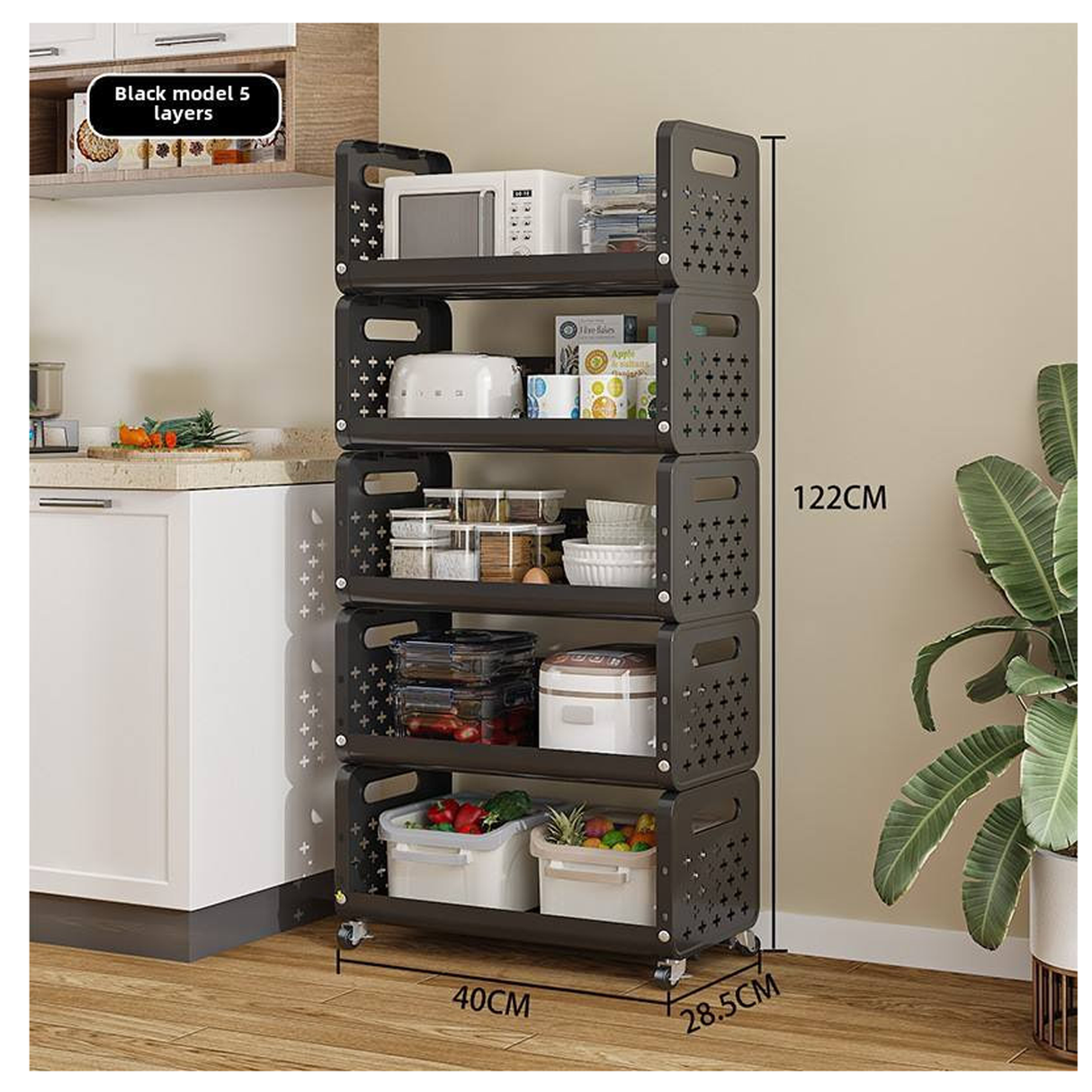 رف تخزين متعدد الاستخدامات بعجلات، 5 طبقات، للأطعمة، الخضروات، الوجبات الخفيفة، أدوات التجميل، ولوازم الحمام – اسود