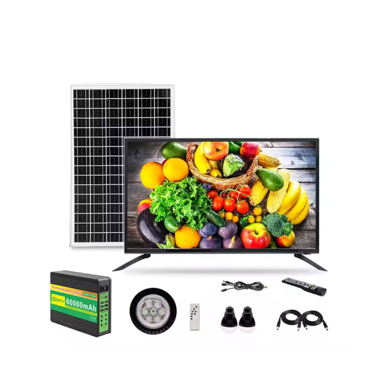 GDLIFE Times 32-Inch Solar Powered HD TV Entertainment & Power Kit with 50W Panel, 60,000mAh Battery Dual LED Bulbs, Remote Control & Lighting Kit