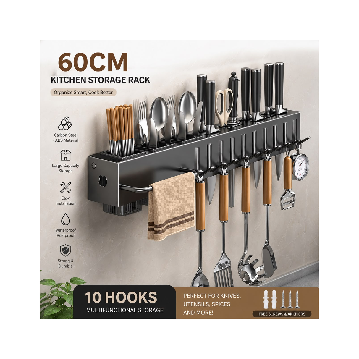 60 CM Wall-Mounted Kitchen Storage Rack With 10 Hooks – Carbon Steel Multifunction Organizer