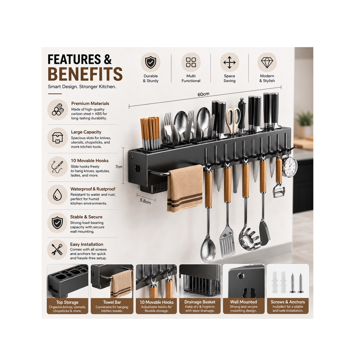 60 CM Wall-Mounted Kitchen Storage Rack With 10 Hooks – Carbon Steel Multifunction Organizer