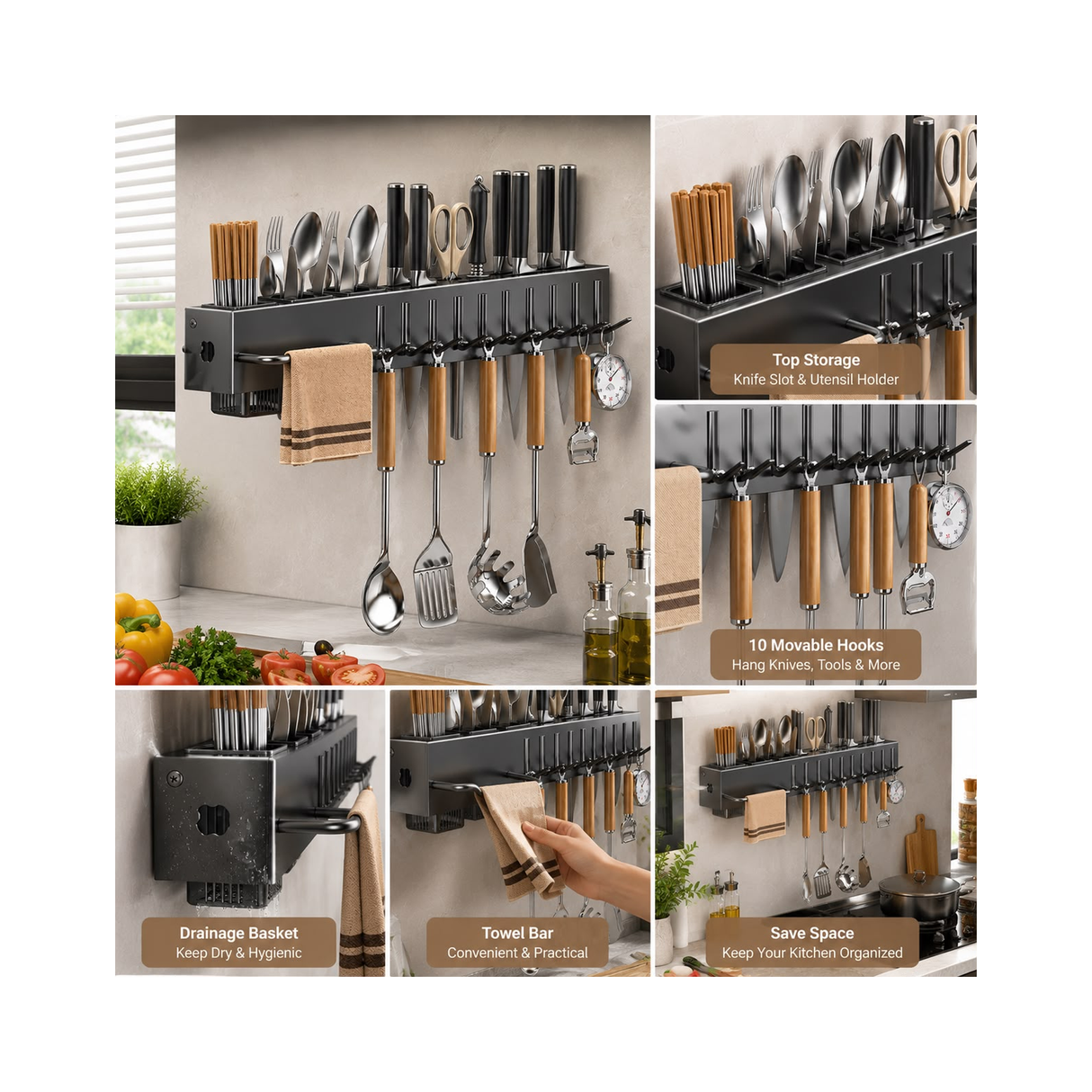 60 CM Wall-Mounted Kitchen Storage Rack With 10 Hooks – Carbon Steel Multifunction Organizer
