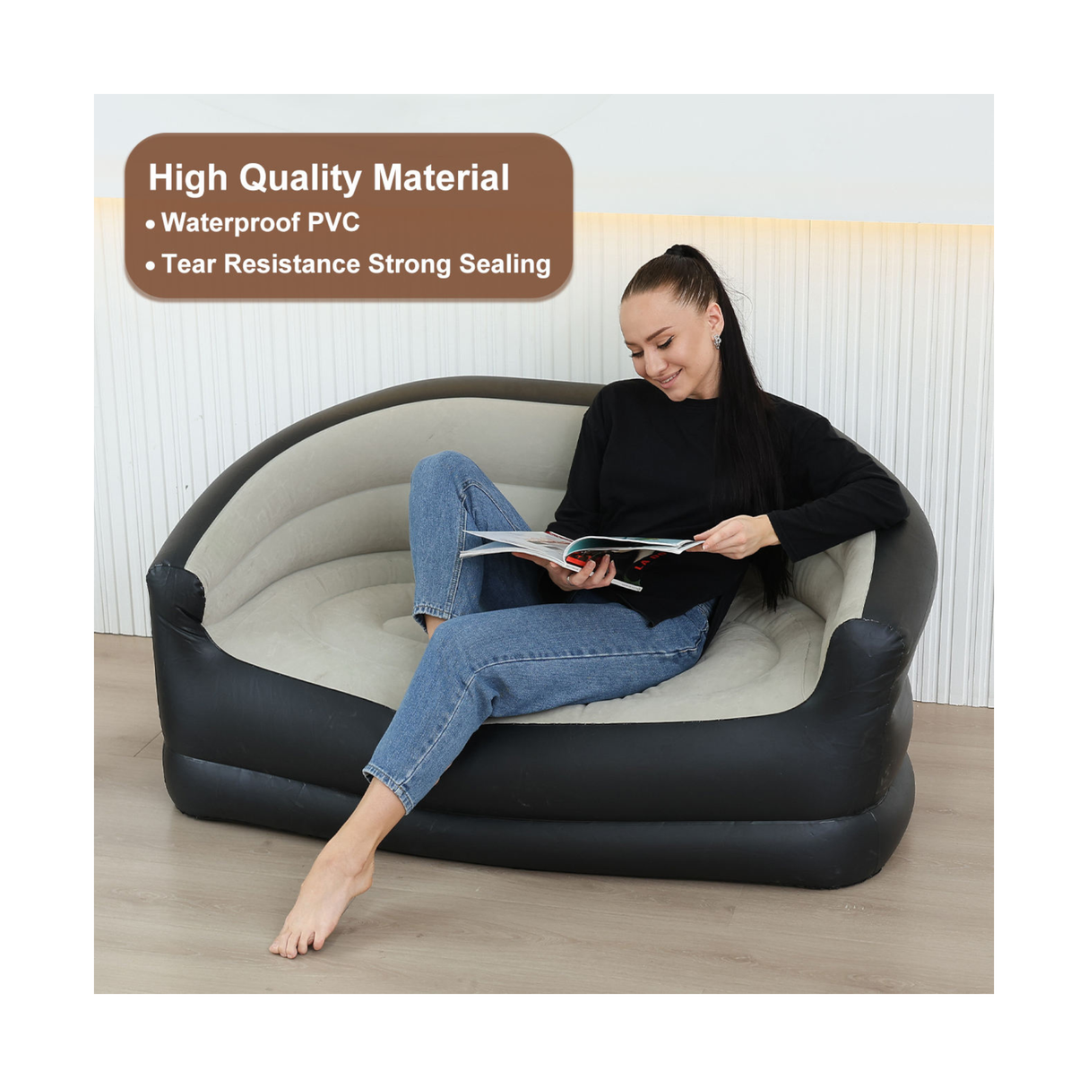 كرسي أريكة هوائي محمول قابل للنفخ بسطح مبطن، ودعم مريح للظهر، وقاعدة مانعة للانزلاق - سعة 137 كجم، أبعاد 101.6 سم × 91.4 سم × 121.6 سم - بني