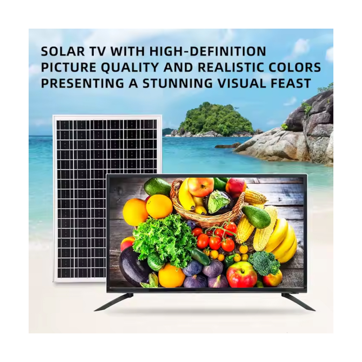 GDLIFE Times 32-Inch Solar Powered HD TV Entertainment & Power Kit with 50W Panel, 60,000mAh Battery Dual LED Bulbs, Remote Control & Lighting Kit