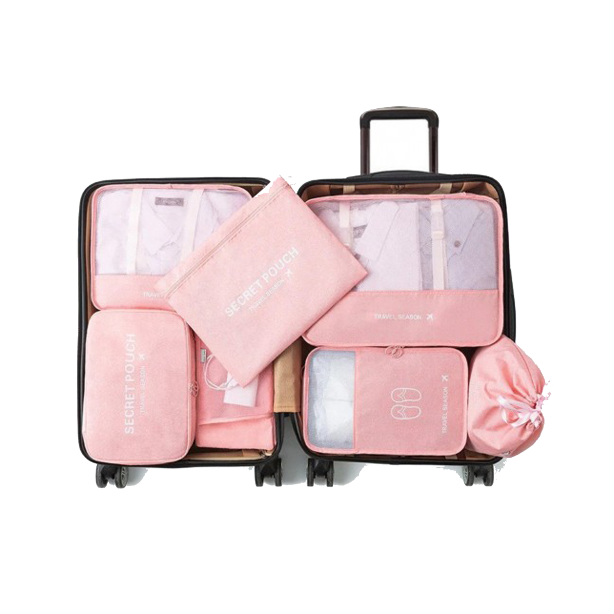 طقم 7 حقائب تنظيم شنط السفر خفيفة الوزن وقابلة للطي - وردي