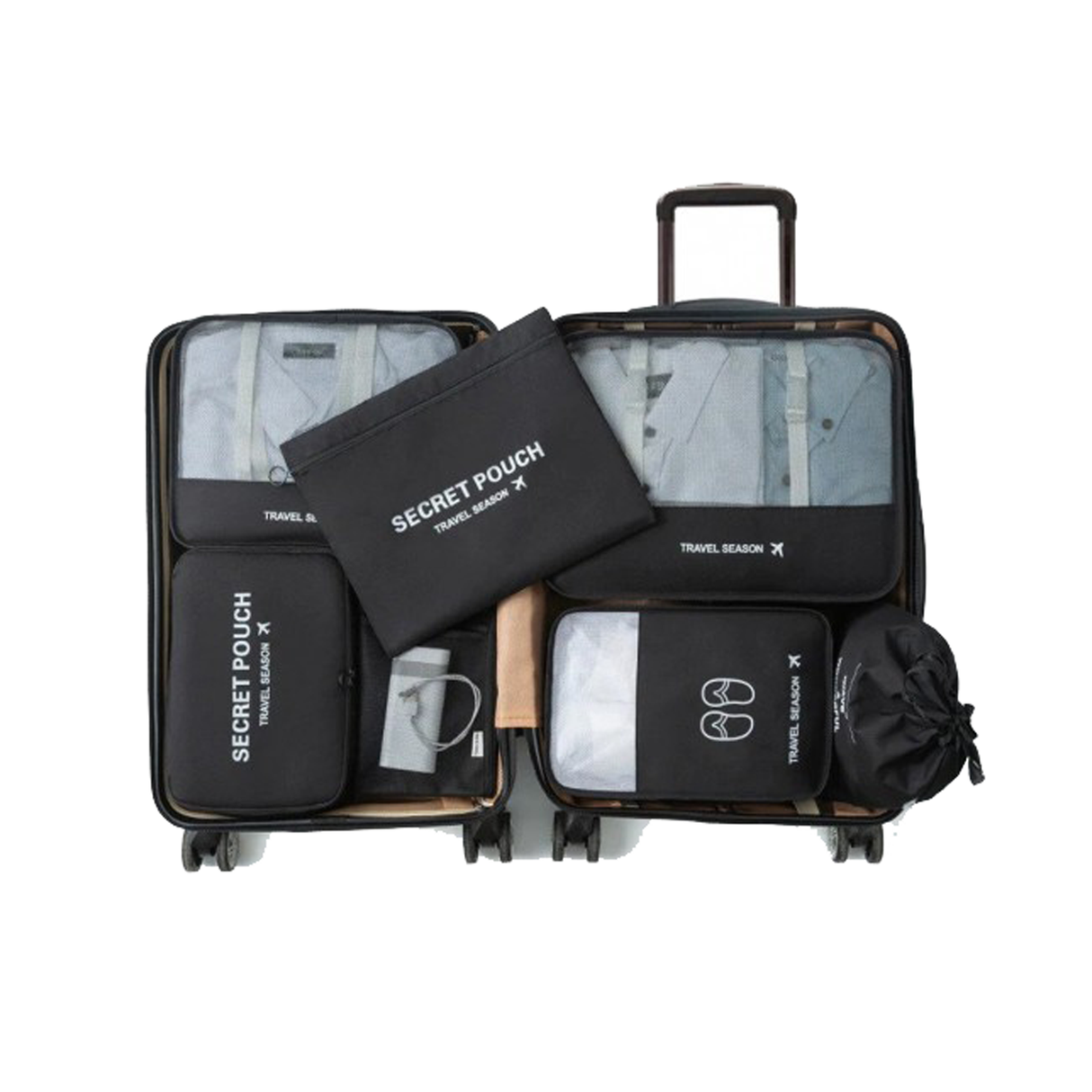 طقم 7 حقائب تنظيم شنط السفر خفيفة الوزن وقابلة للطي - أسود