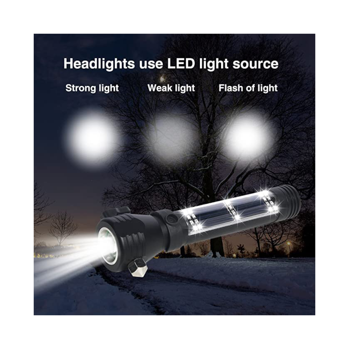 مصباح يدوي تكتيكي متعدد الوظائف يعمل بالطاقة الشمسية للطوارئ بتصميم مقاوم للماء، مزود برأس مطرقة من سبائك معدنية، وقاطع وبوصلة