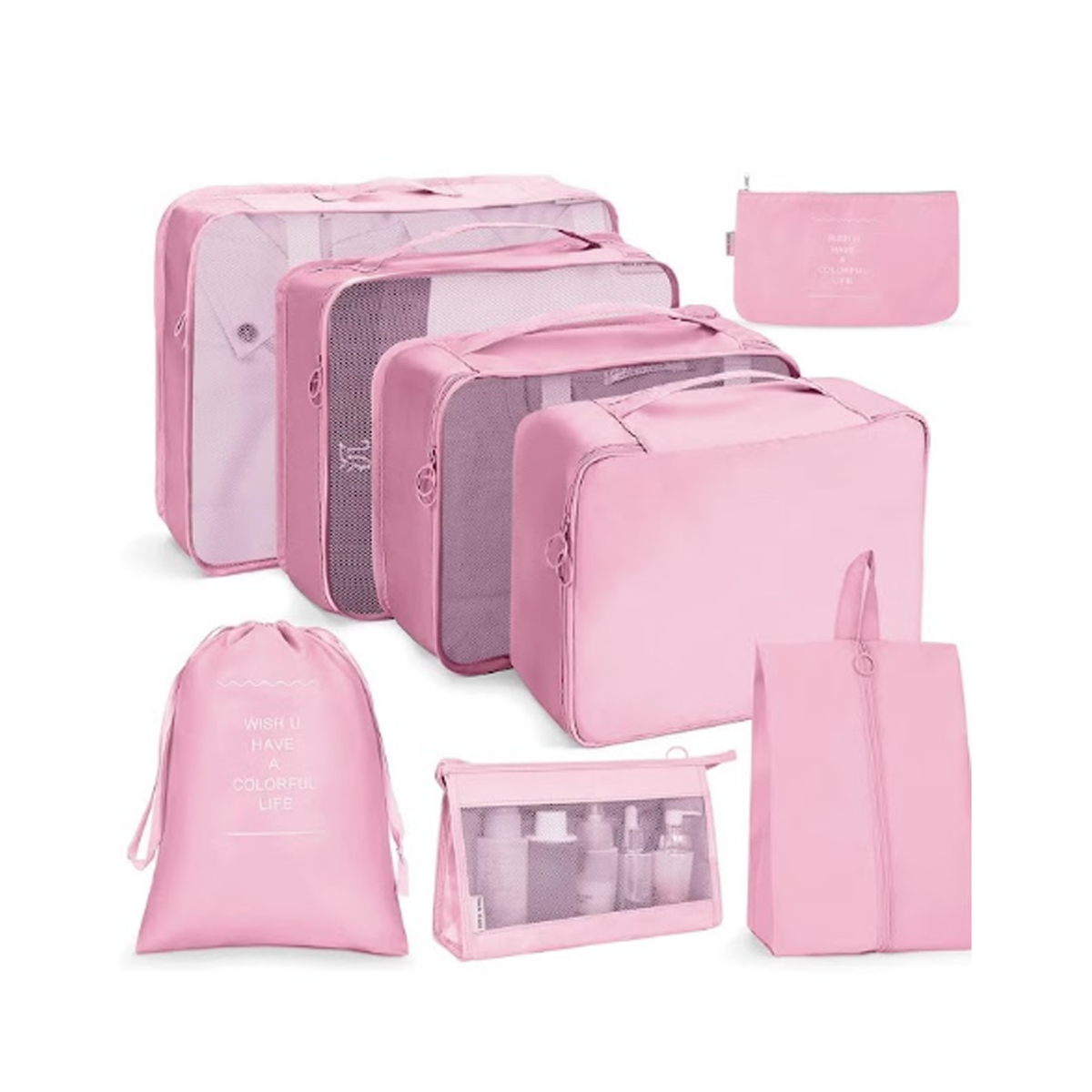 8-Piece Travel Luggage Organizer Packing Cube Set with Waterproof Polyester - Pink