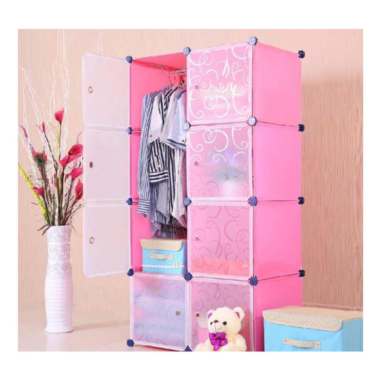 خزانة ملابس متعددة الاستخدامات مقاومة للماء مكونة من 8 مكعبات من السلك المعدني للتخزين – وردي