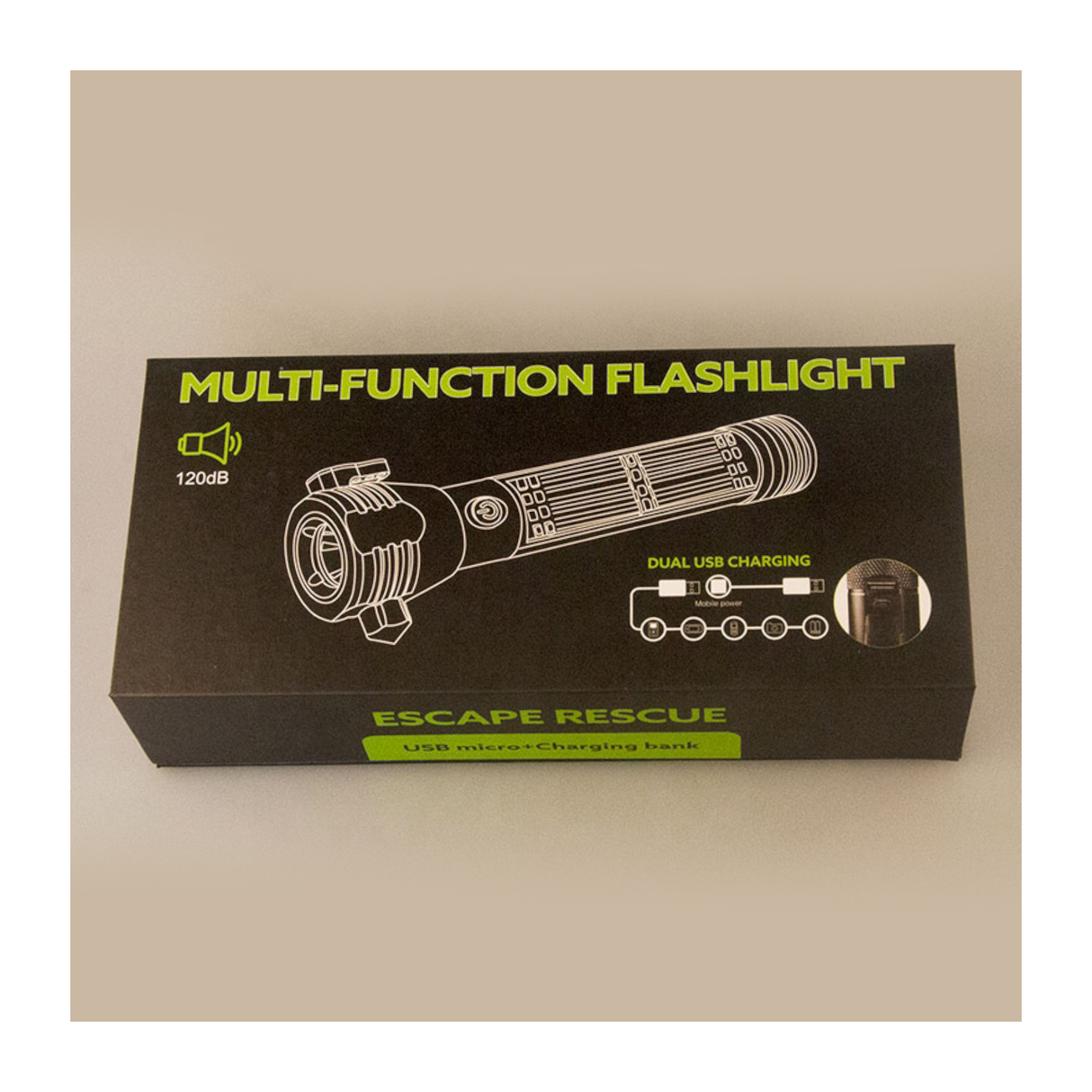 مصباح يدوي تكتيكي متعدد الوظائف يعمل بالطاقة الشمسية للطوارئ بتصميم مقاوم للماء، مزود برأس مطرقة من سبائك معدنية، وقاطع وبوصلة