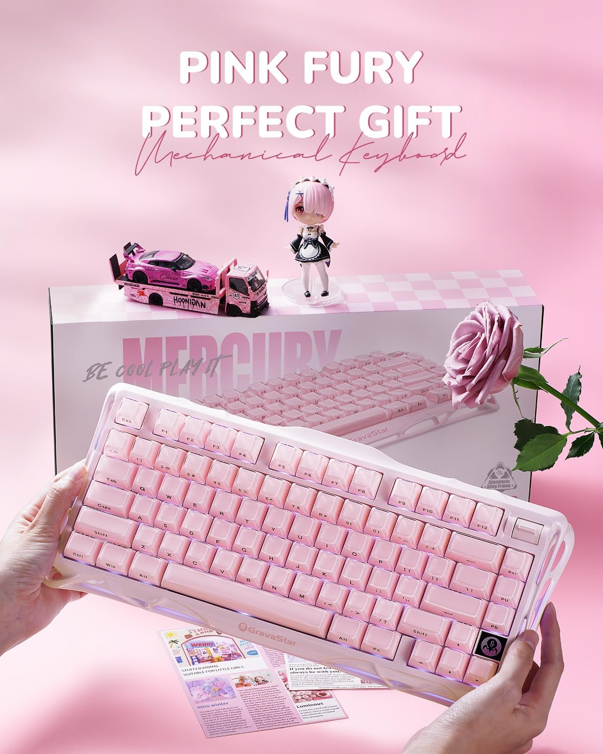 جرافاستار ميركوري كي1 بنسبة 75% كيبورد الألعاب الميكانيكي اللاسلكي – إصدار خاص ساكورا بينك