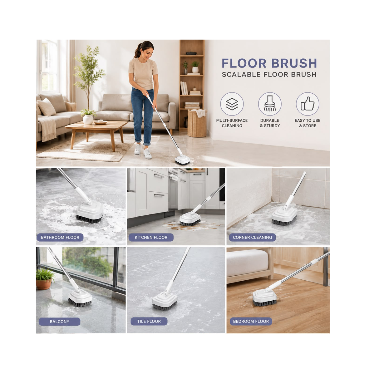 Adjustable Floor Cleaning Brush With Extendable Handle