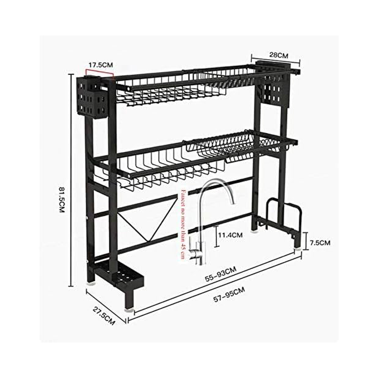 رف تجفيف أطباق قابل للتعديل فوق الحوض مع علاقات وحامل أدوات المائدة (من 62 سم إلى 103 سم)