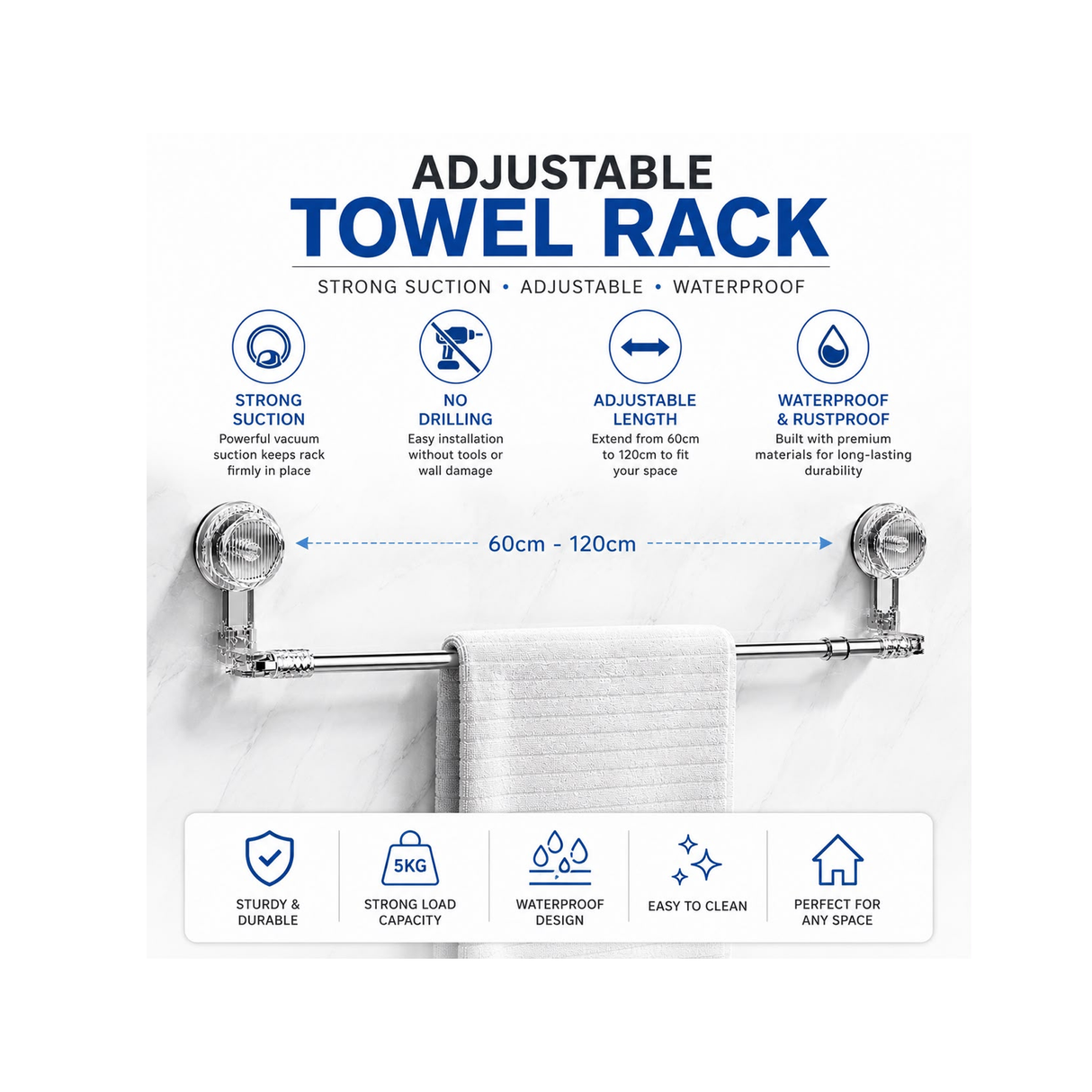 Adjustable Suction Cup Towel Rod – No Drilling Bathroom Towel Holder