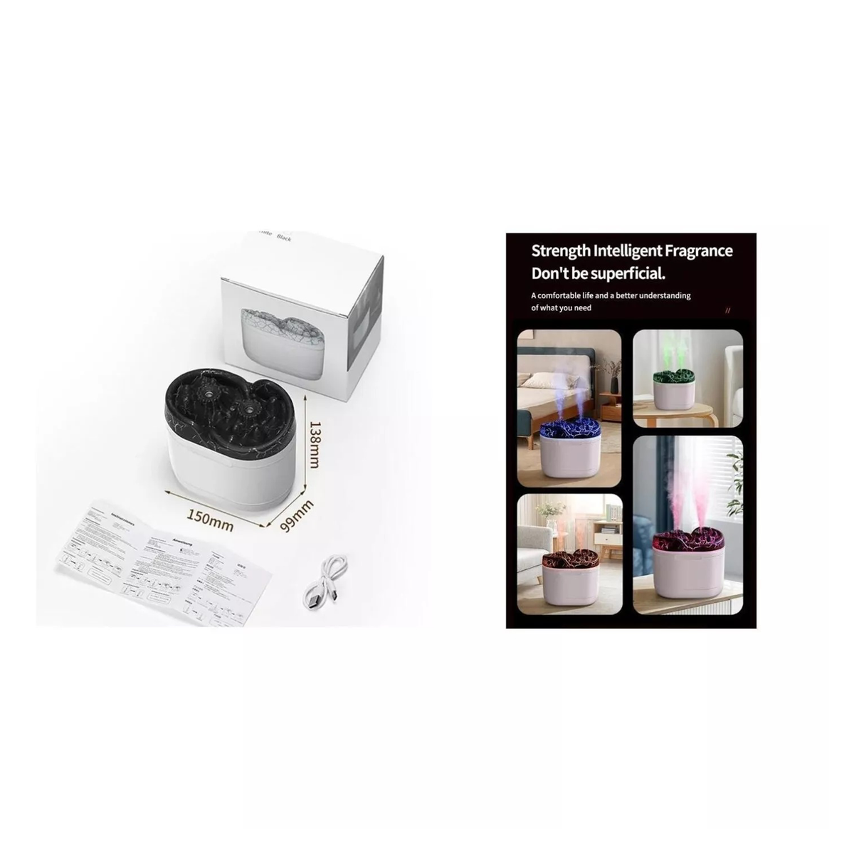 مرطّب هواء وناشر زيوت عطرية مع ضوء ليلي بركاني ملون - 300 مل - أسود