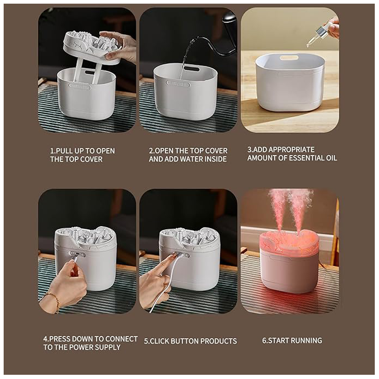 مرطّب هواء وناشر زيوت عطرية مع ضوء ليلي بركاني ملون - 300 مل - أسود