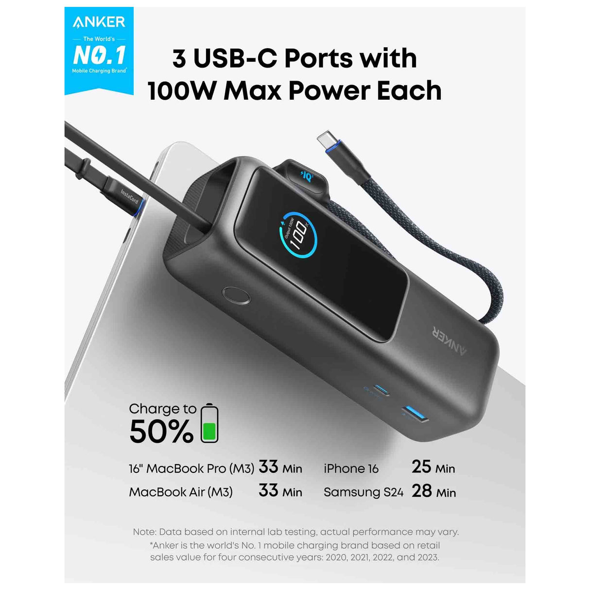 Anker Power Bank (25K, 165W, Built-In and Retractable Cables) -Black - Zayoom