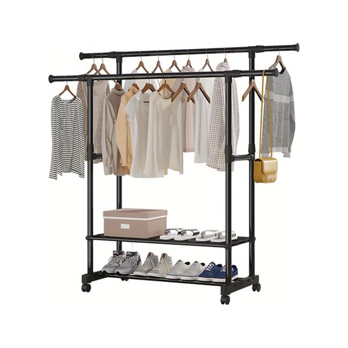 Double Rods Garment Rack With Wheels - Black