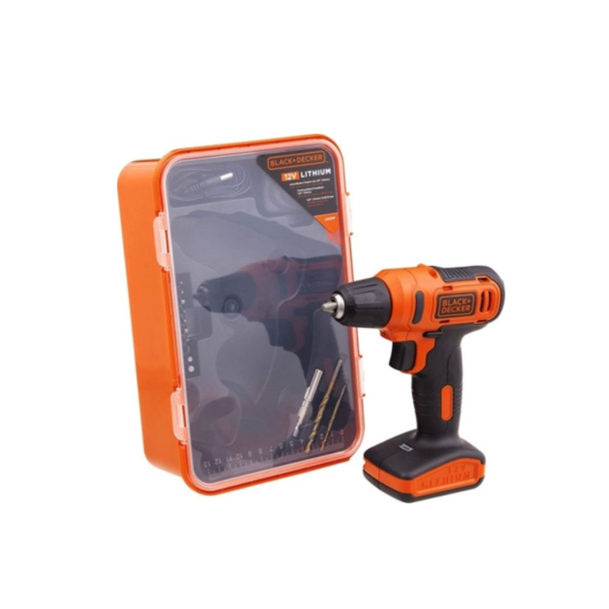 Black+Decker 12V Cordless Drill Driver With 13 Pieces Bits In Kitbox and 5m Tape Measure, 1.5Ah 900 Rpm