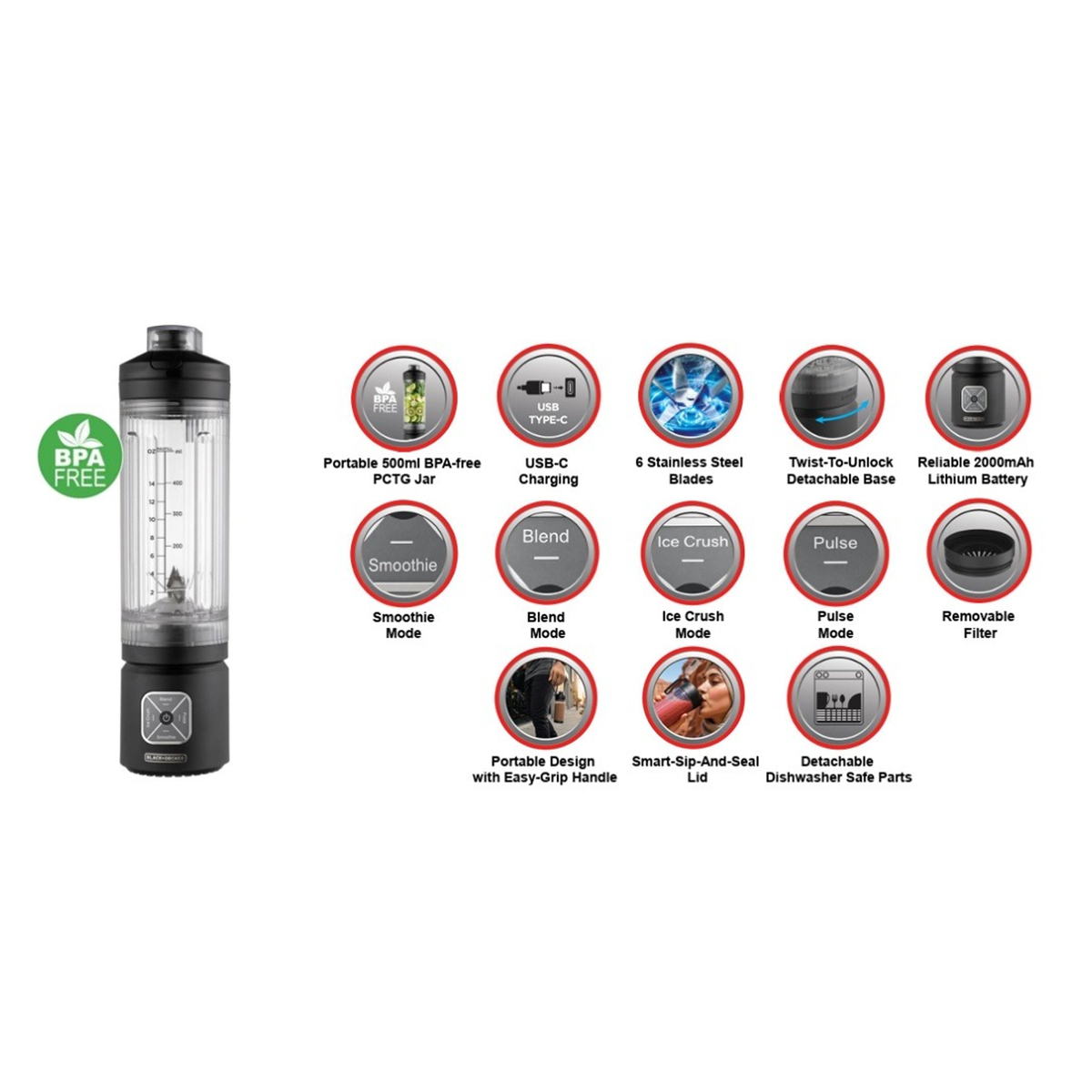 Black+Decker Cordless Portable Blender - DC 11.1V