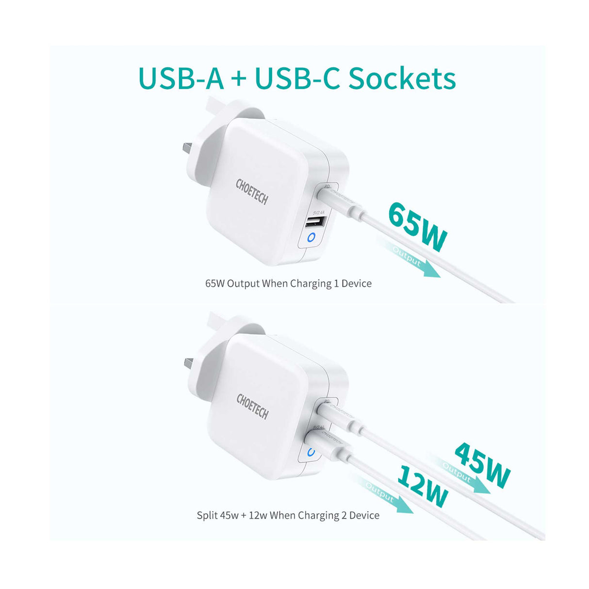 Choetech - 65W Dual USB C Port GaN Charger+ CC Cable - White - Zayoom