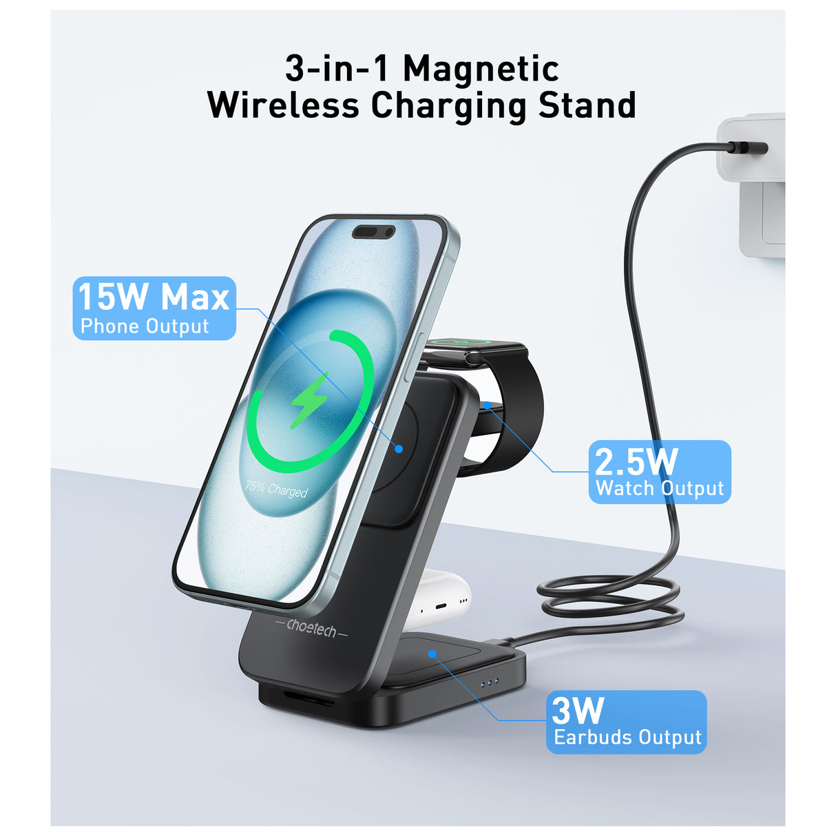 Choetech - Magnetic Charger 3in1 Choetech T611-F 15W - for iPhone series 12/13/14/15 - Zayoom